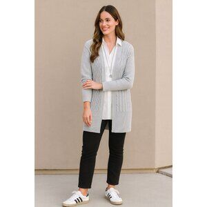 Chico's Cable Stitch Open Front Cardigan Sweater Gray Wool Cashmere Size 1 US M
